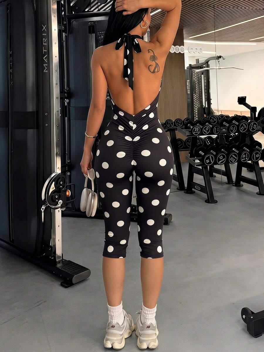 Women's Elegant Comfortable Street Vacation Daily Commute Polka Dot Halter Neck Jumpsuit - Black - View 1