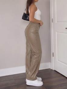 Women's High-Waisted Shiny PU Leather Pants, Casual Straight Leg, Best-Selling, Autumn/Winter, Hot-Selling, Suitable For Party, Commute, Holiday, Festival, Outdoor Activities, Perfect For Tall Women's Outfits - Khaki-1 - View 4