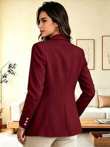 Women's Elegant Fashion Commuter Burgundy Regular Fit Lapel Long Sleeve Open Front Knit Blazer, Decorated With Button Details - Burgundy - View 4