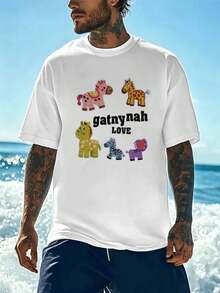 Herren T-Shirt mit Animalier-Grafikdruck, 100% Baumwolle, bequeme Passform, atmungsaktiv, Street Hip-Hop Stil, einzigartiger Grafikdruck - Weiss - Übersicht 2