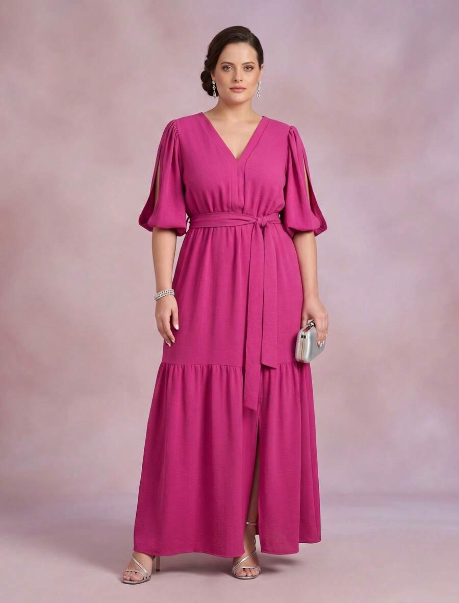Women's Plus Size Long Dress Duna Flowy 3/4 Sleeve V-Neck Waist Tie Slit Ruffled Hem With Slit - 玫紅色 - 查看 1