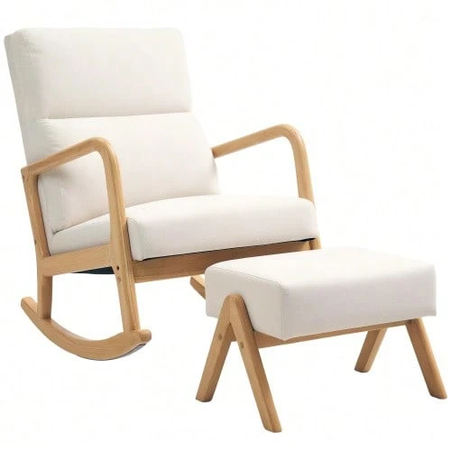 Rocking Chair With Footrest, Reclining Chair With Linen Look, Rocking Chair With Wooden Legs, Rocking Chair For Bedroom, Living Room, Weight Capacity Up To 150 Kg, Cream White - White - View 1