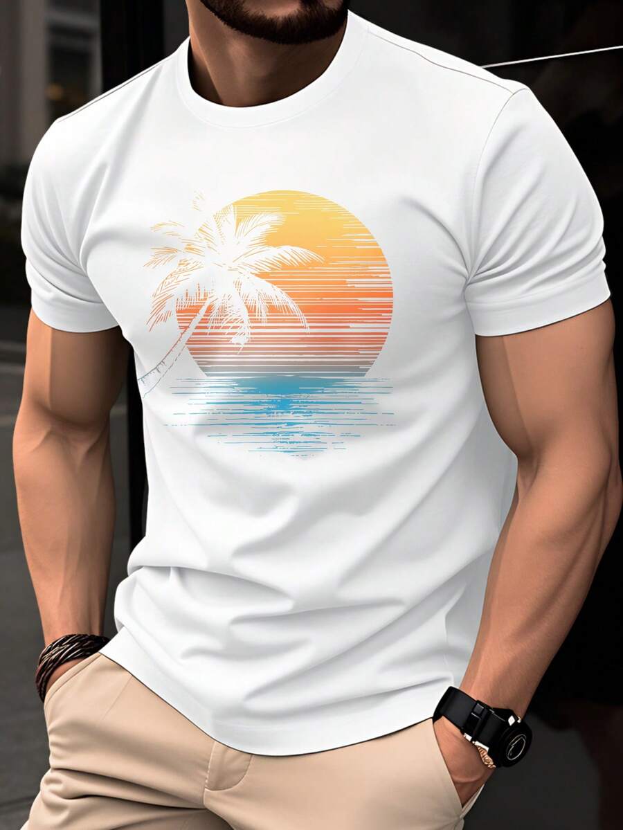 100%Puro algodón para hombre T Camisa,Mangas cortas de verano,Corte ajustado,Diseño de cuello redondo,A la moda y casual,Adecuado para hombres jóvenes,Presenta un diseño con estampado de palmer al atardecer.,Moda,Elegante,Único e interesante. - Blanco - Ver 1