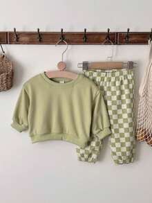 2pcs/Set Baby Boy Casual Solid Color Crew Neck Long Sleeve Sweatshirt And Checkerboard Long Pants, Spring/Autumn - Green - View 14