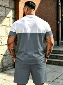 2pcs Plus Size Men's Summer Set, Gray & White Contrast Color + Balance Minimalist Slogan Print Top & Bottom Coordinated Relaxed High Street Style Sports - Baby Blue - View 2