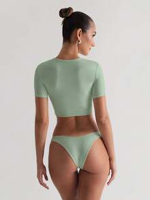 XLLAIS 2026 Summer Green Cute Slim Fit Round Neck Short Sleeve Sports T-Shirt Cool Touch Innerwear Top Double Layer High Elasticity Yoga Fabric Cropped Top - Bean Green - View 6