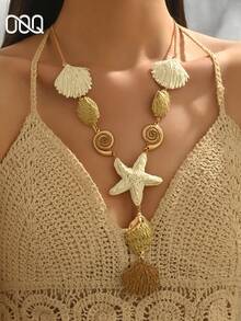 OOQ 1pc Summer Bohemian Style 3D Leaf Handmade Raffia Straw Women's Fashion Necklace, Beach Vacation Travel Party Ball Dress Accessory, Mother's Day Valentine's Day Gift For Friends (Hand-Woven Style Random, Handmade May Have Occasional Glue Residue) - White Coffee - View 1
