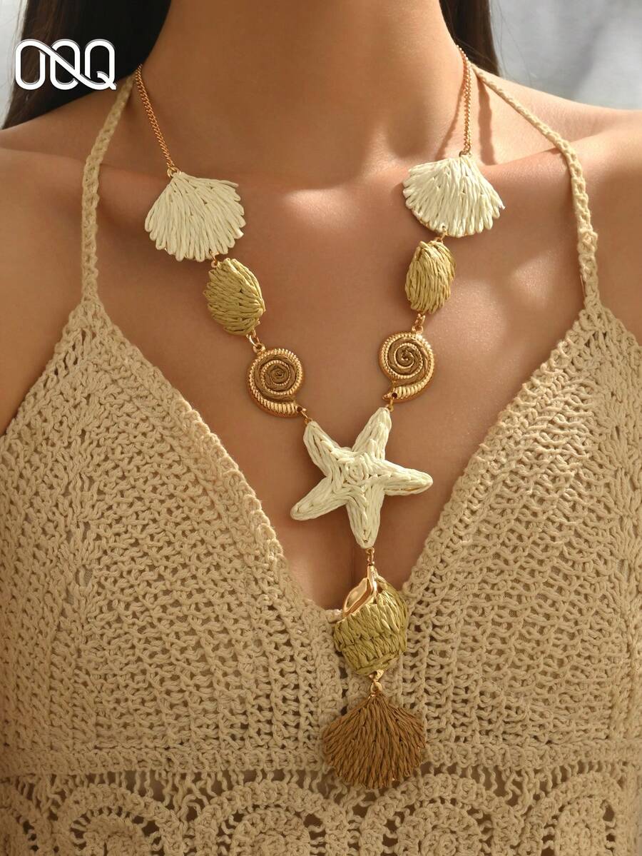 OOQ 1pc Summer Bohemian Style 3D Leaf Handmade Raffia Straw Women's Fashion Necklace, Beach Vacation Travel Party Ball Dress Accessory, Mother's Day Valentine's Day Gift For Friends (Hand-Woven Style Random, Handmade May Have Occasional Glue Residue) - White Coffee - View 1
