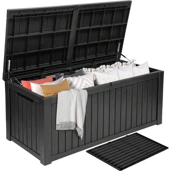 180 Gallon XL Deck Box With Internal Divider & Lockable Lid, Waterproof Resin Outdoor Storage Case For Patio Garden Poolside Furniture Cushions Supplies