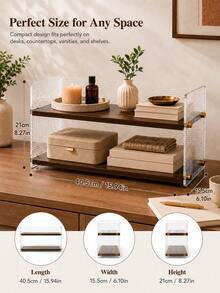 1pc Double-Layer Expandable Desktop Storage Rack, Wavy Transparent Acrylic & Wooden Organizer, Minimalist Rectangular Open Shelf With Gold Accessories, Multi-Functional Tabletop Storage Rack For Cosmetics, Kitchen, Bathroom, Coffee Corner, Desk - Brown - View 2