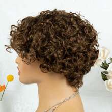 AMECIRE Brown Curly Wig Pixie Cut Wig Women's Short Hair Wig With Bangs Human Hair Wigs 5 Inches Machinery Manufacturing Suitable For All People - S4 - View 7