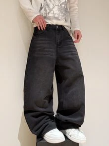 Justice Brother 1件裝 香港風通勤休閒男士牛仔褲，簡約經典百搭寬鬆寬腿牛仔長褲（不含腰帶/配件） - 黑色 - 查看 6