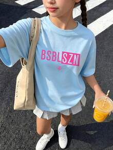 青少年女孩休閒趣味圖案印花圓領短袖套頭T恤夏季上衣 - 淺藍色 - 查看 1