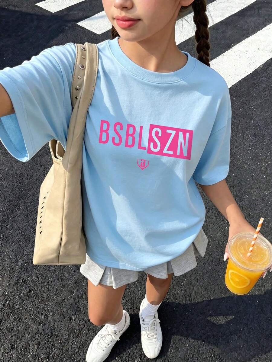 青少年女孩休閒趣味圖案印花圓領短袖套頭T恤夏季上衣 - 淺藍色 - 查看 1