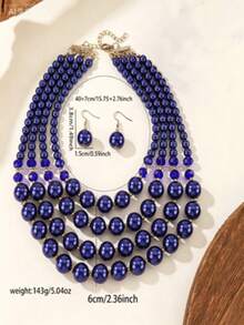 Exaggerated Multi-Layer Catkin Handmade Beaded Faux Pearl Necklace, Vintage Boho Style Necklace, Earrings, Suitable For Casual, Friends, Parties - Royal Blue - View 2