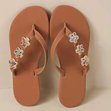 Women's Beach Vacation Fashion Sexy Rhinestone Flat Flip Flops Random Print Sexy Fashion Rhinestone Outdoor Summer - Brown - View 6