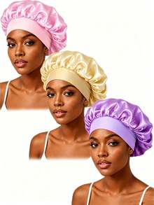 CONFLASS 3pcs Satin Wide Brim Sleep Cap/Hair Cover For Women, Assorted Colors, Suitable For Daily Use,Beach,Travel - Multicolor - View 21