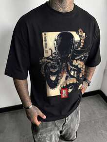 Camiseta de Verano Casual Estilo Urbano para Hombre FRACTYR, con Estampado de Pulpo Japonés Ukiyo-E, Corte Holgado, Cuello Redondo y Manga Corta - Ropa Diaria Unisex para Hombre y Mujer - Negro - Ver 1