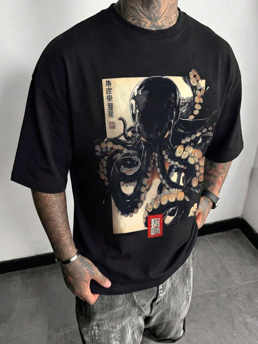 Camiseta de Verano Casual Estilo Urbano para Hombre FRACTYR, con Estampado de Pulpo Japonés Ukiyo-E, Corte Holgado, Cuello Redondo y Manga Corta - Ropa Diaria Unisex para Hombre y Mujer - Negro - Ver 1