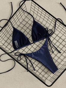 女款豹紋掛脖綁帶性感比基尼套裝，適合海灘度假，2025夏季 - 藏藍白星 - 查看 3