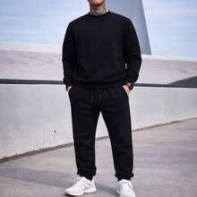 Sweatshirt And Pants Set With Pockets, Winter, Casual, Basic, Unisex, Plain - Black - View 8