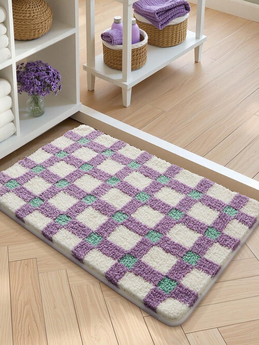 DAJIANG 1 buah Keset Lantai Kamar Mandi, Bertekstur Lembut dan Nyaman di Kaki, Pola Kotak-kotak Warna Blok, Lapisan Belakang TPR Anti Selip, Cocok untuk Dapur, Luar Ruangan, Dalam Ruangan, Lorong, Kamar Tidur, Ruang Tamu, Samping Tempat Tidur, Dapat Dicuci dengan Mesin, Mudah Dibersihkan, Karpet Dekorasi Kamar Mandi