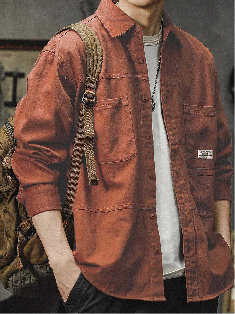Camisa casual de unicolor con botones para hombre, estilo cargo retro con múltiples bolsillos, adecuada para el uso diario