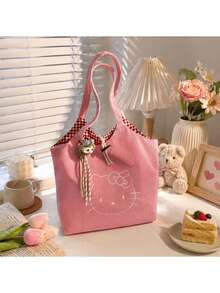 SANRIO Hello Kitty Pink Corduroy Tote Bag With Embroidery & Red Gingham Lining, Secure Toggle Closure. Roomy For Books, Wallet & Daily Essentials, Soft Durable Fabric. Plush Charm Not Included, Ideal For School, Work, Shopping & Gifting.,Back To School - Baby Pink - View 8