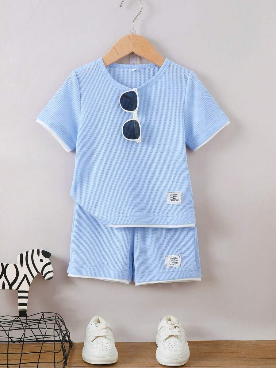 Pakaian Olahraga Kasual Anak Laki-Laki Musim Panas dengan Motif Patchwork Kain Waffle dan Warna Kontras - Blue and White - View 1