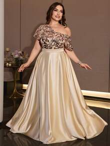 XUIBOL Elegant Plus Size Asymmetrical Sequin Satin Evening Gown, Off-Shoulder Formal Dress, Flared Skirt, Women - Champagne - View 4