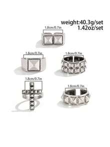 5pcs Personalized Punk Rivet Cross Rings, Men's Street Hip-Hop Geometric Metal Accessories, Suitable For Daily Wear, Parties, Music Festivals, Holiday Gift For Family And Friends - Antique Silver - View 5