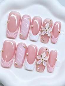 Shecass 10 pièces Faux ongles à coller faits main, longueur courte, convient pour les vacances d'été et la fête de remise des diplômes - Multicolore - Voir 2