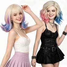 Peruca Sintética Bob Curta Ondulada Ombré Raiz Loira Pastel Rosa Azul para Cosplay, Role Play, Festa, Feriado, Fantasia, Acessório de Cabelo e Uso Diário, Halloween - Multicolorido - Visão 4