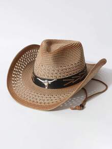 Unisex Gradient Hollow Western Cowboy Straw Hat, Bull Head Decor Wide Brim UV Sun Hat, Adjustable Wind Lanyard Beach Outdoor Sunscreen Hat - Permed and Dyed Cowhide Hat - View 3