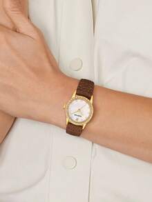 LUCKYFOX 1pc Boxed Teen Boys Girls Student Rhinestone Gold-Trim Mother Of Pearl Dial Black Leather Strap Quartz Watch, Suitable For Daily Wear, Holiday Gift, Halloween, Christmas Gift - Brown - View 2