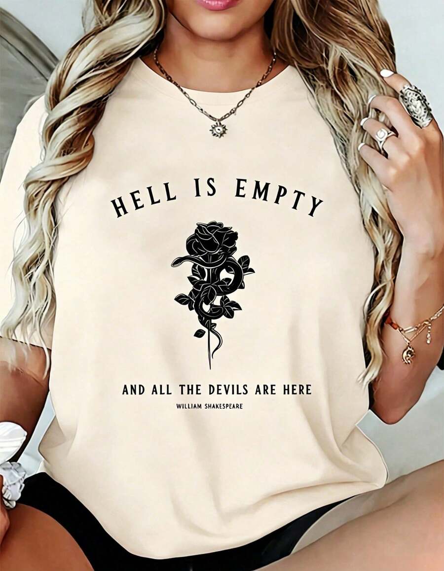 Soft Cotton Summer T-Shirt, Summer Tops, Women's Cotton T-Shirt With Graphic Print Of The Phrase "Hell Is Empty Snake Rose", Dark Academy Gothic Style, Round Neck Hol - 杏色 - 查看 1