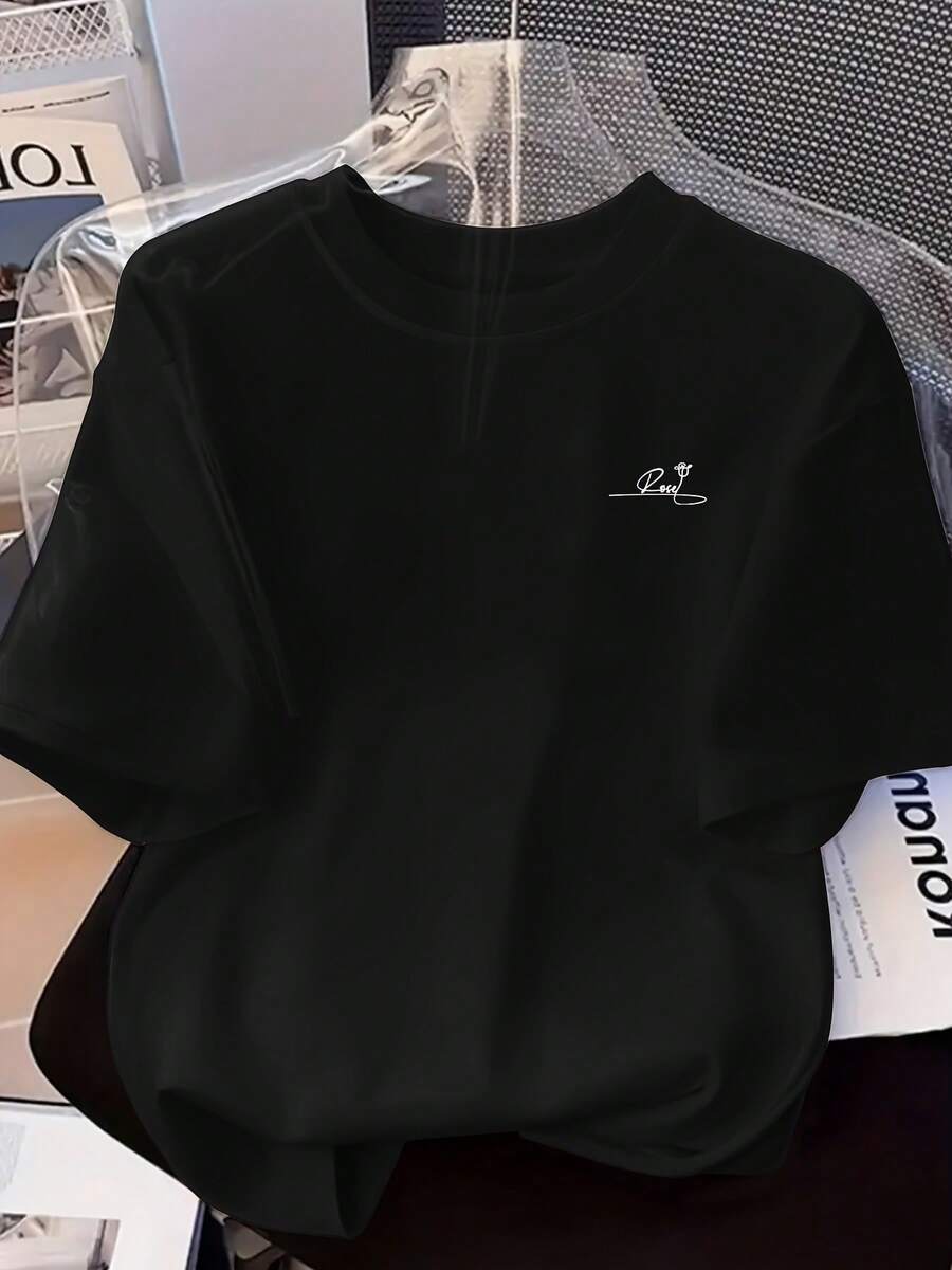 Letter-Printed Round Neck T Women's Casual Sports Short-Sleeve Shirt - 黑色 - 查看 1