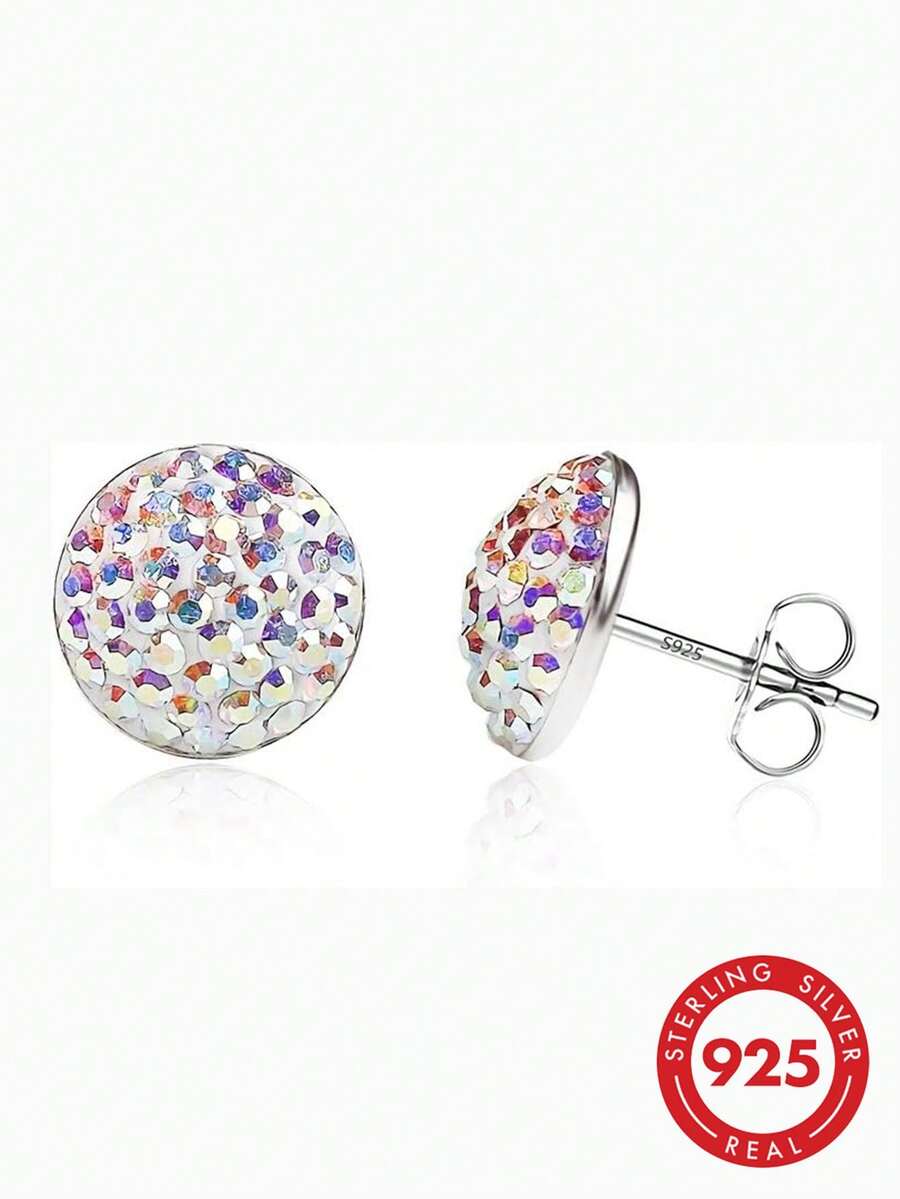 1 Pair 925 Sterling Silver Shiny Crystal Dome Stud Earrings - 8MM-aB# - View 1