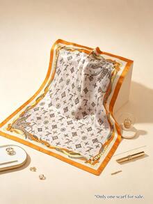 Moemton Pañuelo cuadrado de satén con estampado geométrico y ribete naranja vintage, elegante pañuelo profesional para cuello y cabeza para mujer, uso diario en la oficina - Naranja - Ver 2