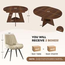 Nalupatio 47.24"-63" Extendable Round To Oval Dining Table Set For 4, Expandable Kitchen Table With 4 Upholstered Chairs, Hidden Storage Shelf, Space Saving Dining Room Furniture, Walnut Table & Beige Chairs - Walnut Table & Beige Chairs - View 6