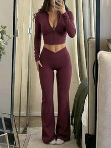 GLAMSKIN Women's 2-Piece Yoga Set, Zipper Long Sleeve Cropped Top & V-Waist Flare Pants, Autumn Daily Wear And Back To School Sports Outfit Elegant - Purplish-red - View 5