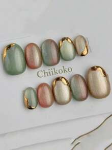 10-Piece/Set Oval Gradient Mint Pink Cat Eye Nail Stickers, Glittery Champagne-Colored Glossy Fake Nails, Wavy Metallic Gold Edges, Minimalist Low-Key Luxury For Spring, Daily Office, Wedding, And Date Nail Set. Handmade Press On Nails - Mint Green - View 2