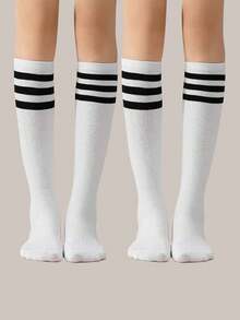 1/2 Pairs Calf Socks, Unisex Couple Solid Color Striped Non-Slip Elastic Long Tube Socks, Women's Dance Performance Socks, Football Socks - Multicolor - View 7