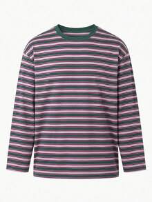Simple Studio | Men's Casual Street Style Striped Digital Print Minimalist Versatile Crew Neck Long Sleeve T-Shirt - Red Violet - View 4
