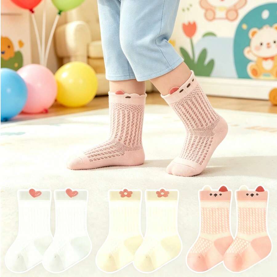 Spring/Summer Thin Cotton Baby Socks, Large Mesh Breathable Cartoon Seamless No-Loose-Thread Toddler Socks, 3 Pairs - Multicolor - View 1