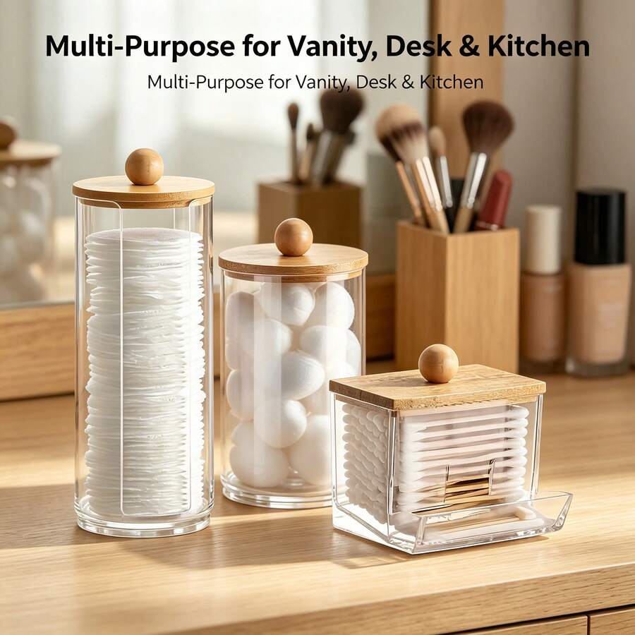 Tbestmax 10 Oz Cotton Swab/Ball/Pad Holder With Vanity Tray, Qtip Apothecary Jar, Bathroom Containers Dispenser Storage 3 Pack Wood Lids - 3pcs(竹蓋高罐) - 查看 1