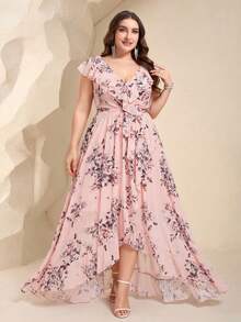 UNITHORSE Non-Positioning Flower V-Neck Ruffle Collar Detachable Tie Asymmetrical Ruffle Hem Printed Bridesmaid Dress - Baby Pink - View 3