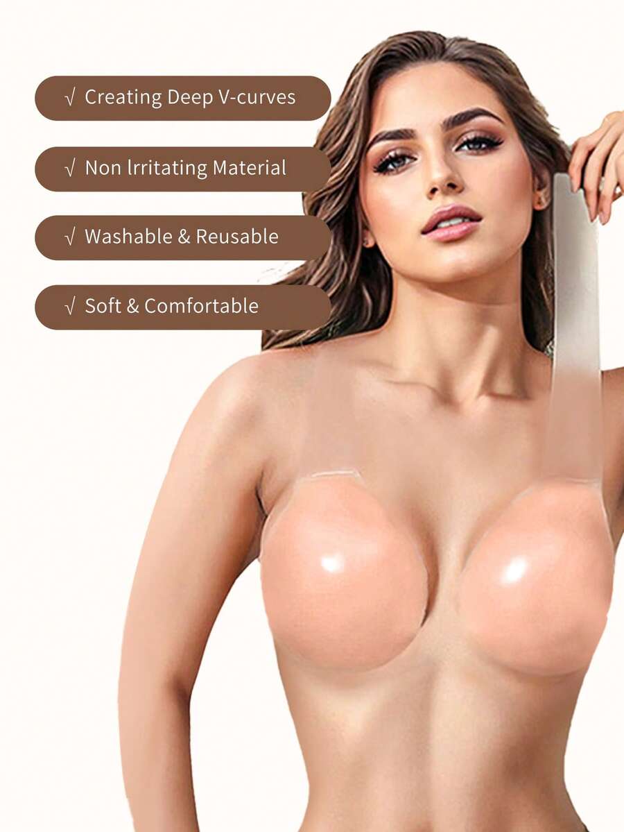 vfvQueen 1 Pair Women's Silicone Lift-Up Straps Bra, Adhesive Straps, Customizable Length, Invisible Bra, Strong Lift Effect, Noticeable Bust Lift, Reusable, Suitable For Multiple Occasions, Evening Gown, Holiday Outfit, Gift Giving - Apricot - View 1