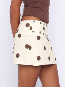 100% Cotton Women Y2K Low Rise Wrap Brown Polka Dot Print Silver Metal Rivet Detail Side Split Mini Skirt Shorts Vintage Summer Daily - Apricot - View 4