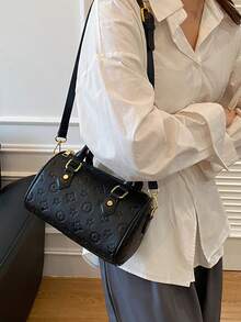 Dedoo Vintage Print Mini Cylinder Handbag With Scarf Decoration, Detachable Shoulder Strap, Versatile One Shoulder Crossbody Bag For Women - Black - View 5
